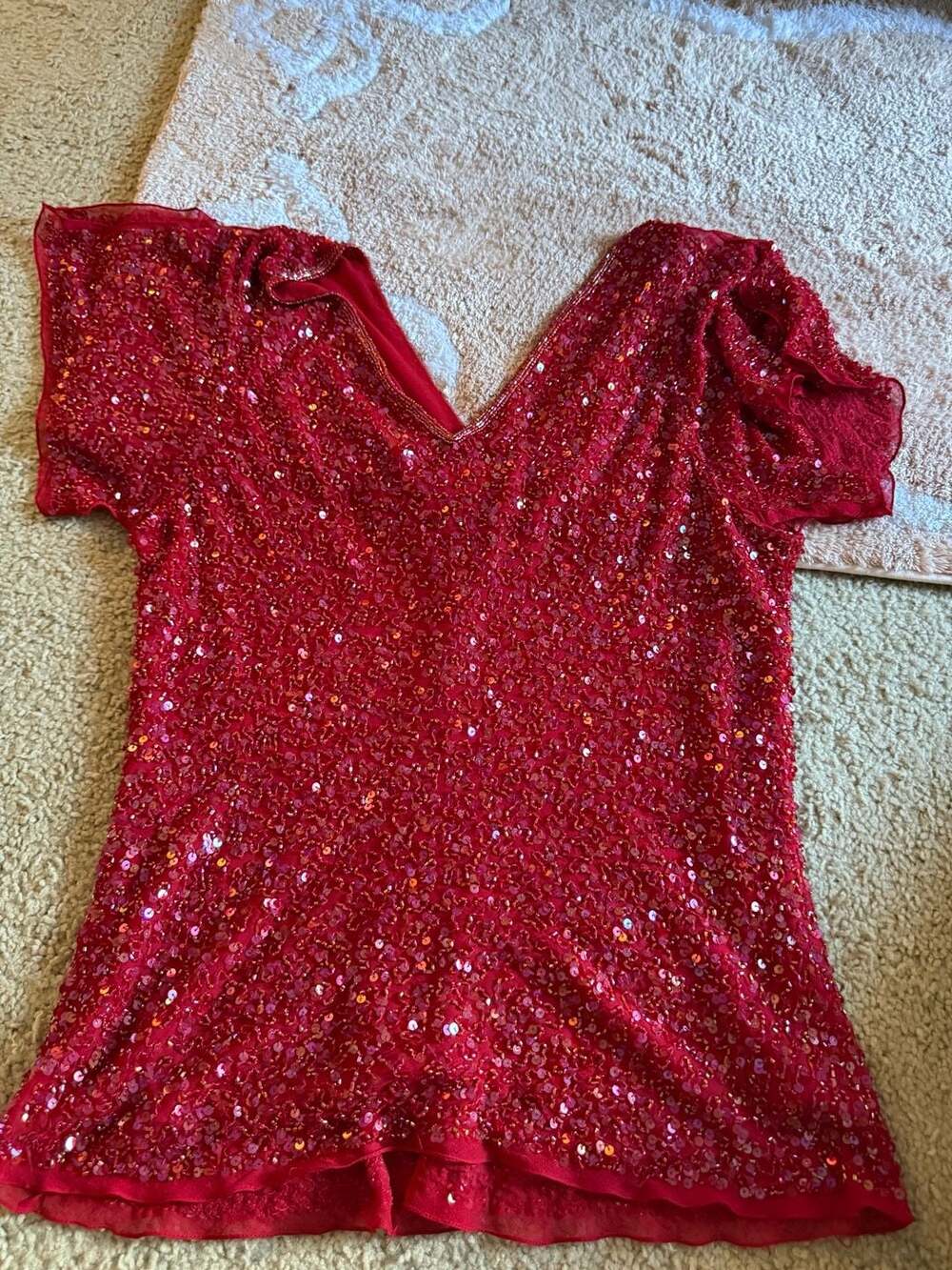 Papell Boutique Evening Red 100% Silk Sequin Beaded Blouse Top XL - Picture 8 of 13